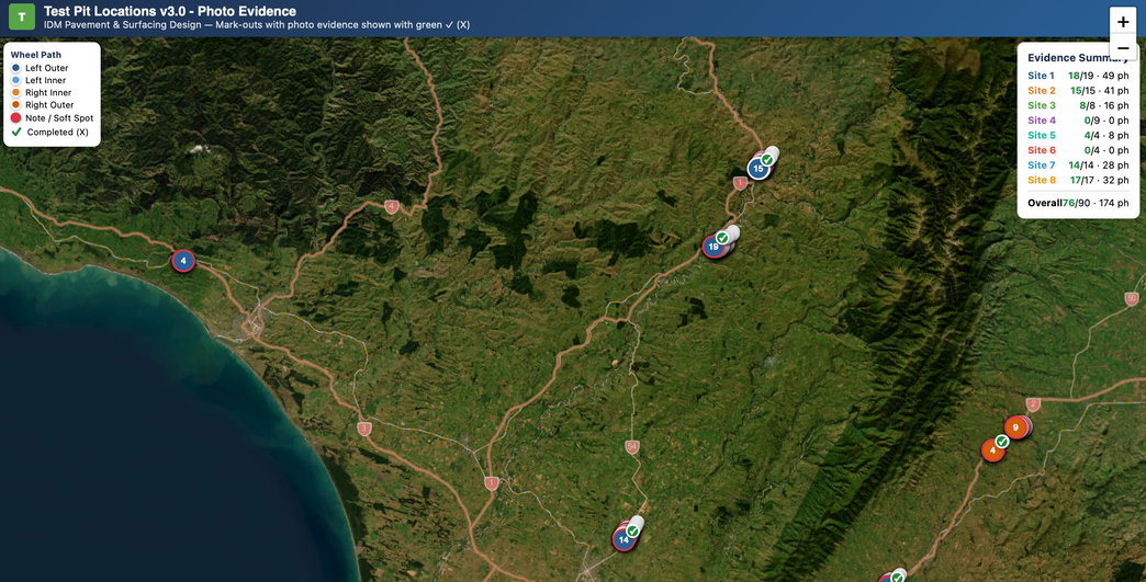 Map of the lower North Island showing TTAP-led IDM Pavement & Surfacing project sites with photo evidence pins across SH1, SH2, SH3, SH54 and SH57.