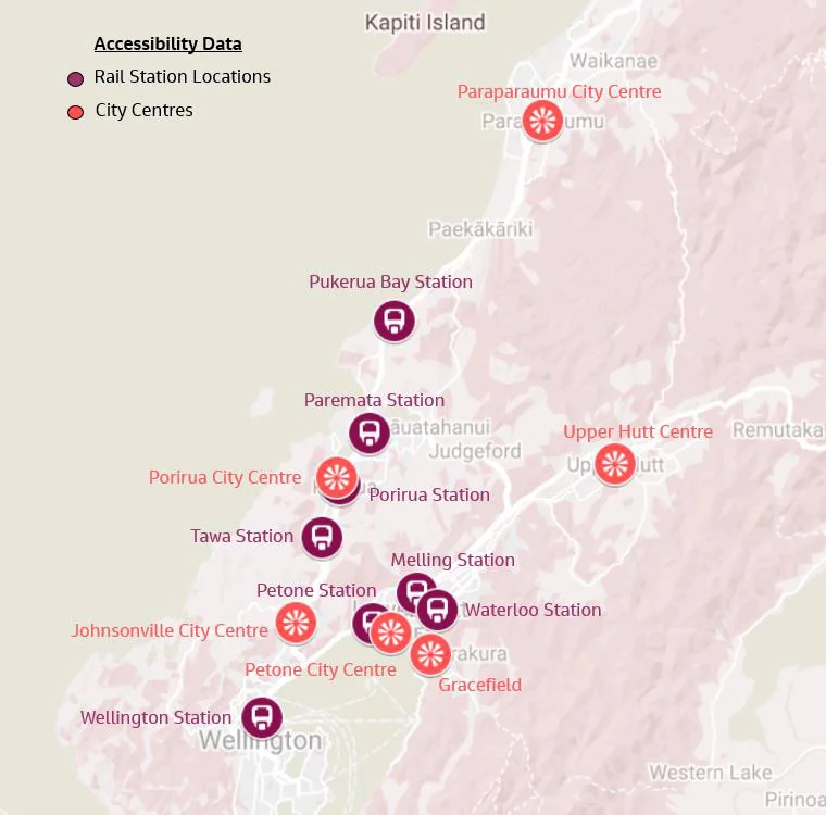 Map of accessibility data sources across the Wellington region, plotting rail station locations against the city centres they serve, from Paraparaumu and Pukerua Bay through to Wellington.