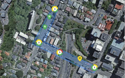 Aerial of a Wellington cycle connection with numbered audit findings plotted along the route and severity ratings marked at each location.