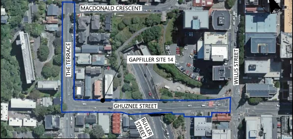 Aerial of the Ghuznee Street audit extent between The Terrace, Willis Street and Victoria Street, with the audited corridor outlined and the Macdonald Crescent and gapfiller sites annotated.